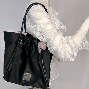 Victorias Secret VS Tote Shoulder Bag Size M Snap Flowers Tulle Pink Black NWT